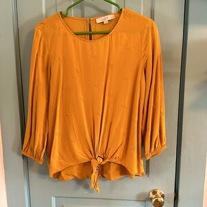 Loft mustard 3/4 sleeve tie front blouse